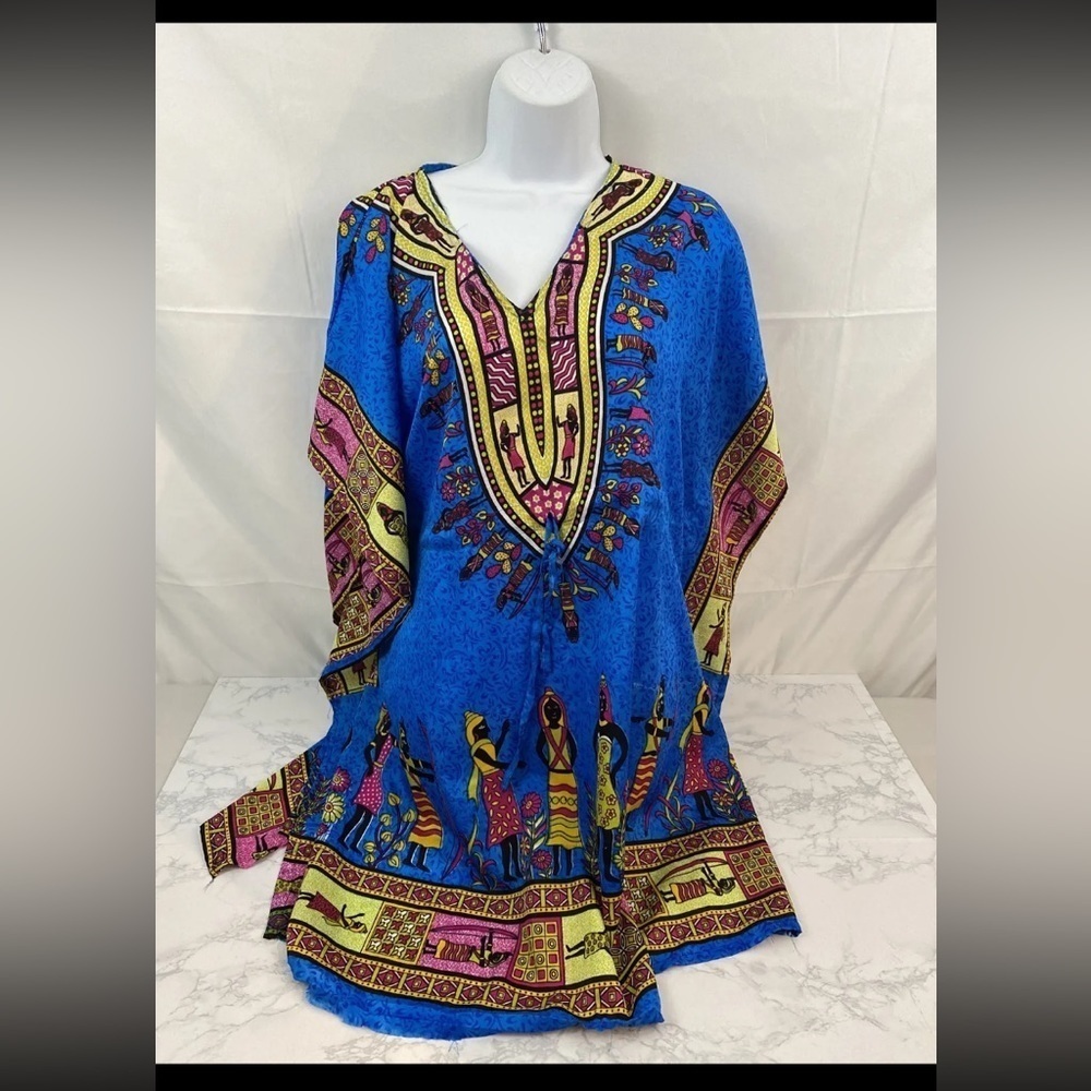 Asha Women Tunic Top Cover Up One Size OS Polyester Long Blue Pink V Neck P​​​​​
